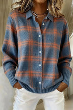 Women Loose Long Sleeve Plaid Collared Button‑front Knit Cardigan Sweater