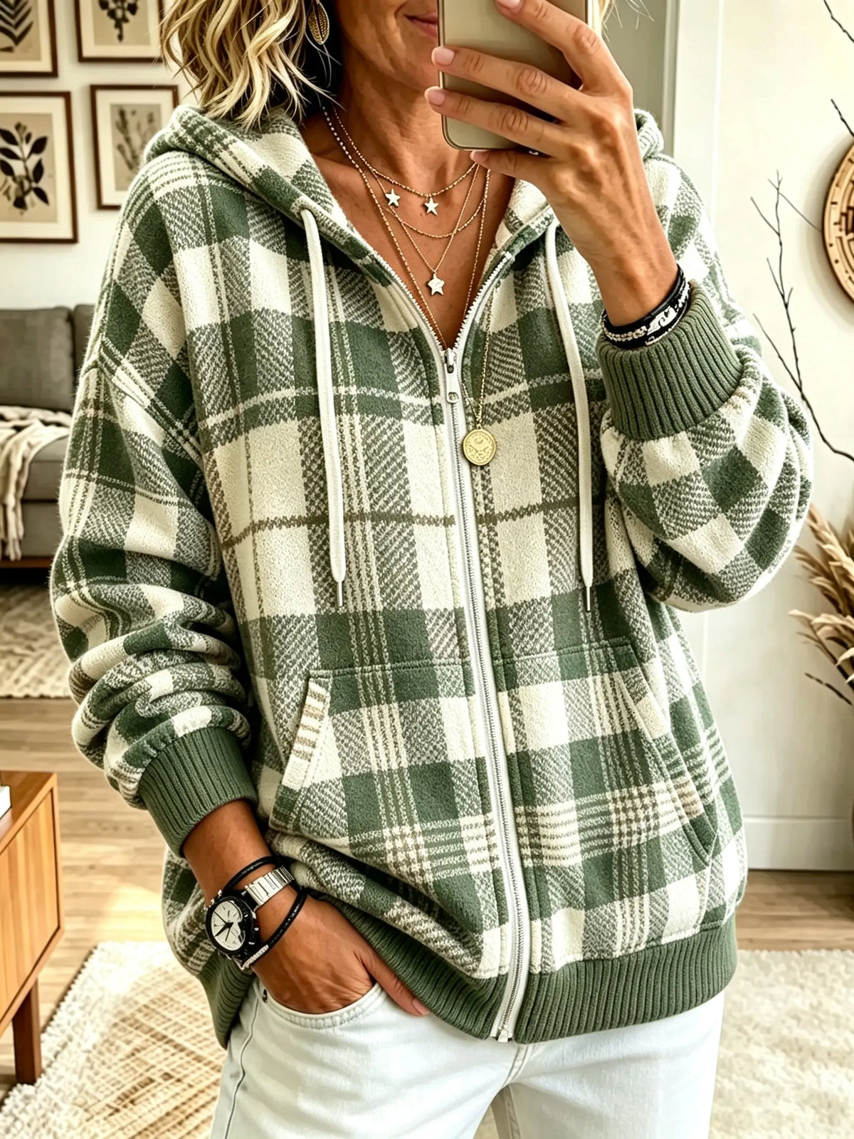 Women's Plaid Knit Full-Zip Hooded Cardigan