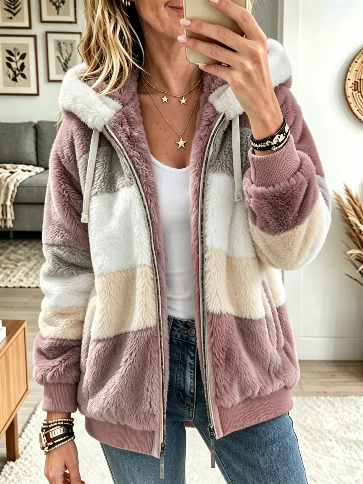 Women's Color-Block Plush Fleece Hooded Jacket
