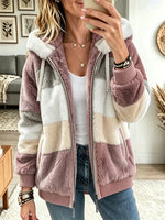 Women's Color-Block Plush Fleece Hooded Jacket
