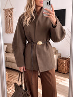 V‑Neck Belted Waist Short Wool Blend Coat Women Loose Long Sleeve Jacket