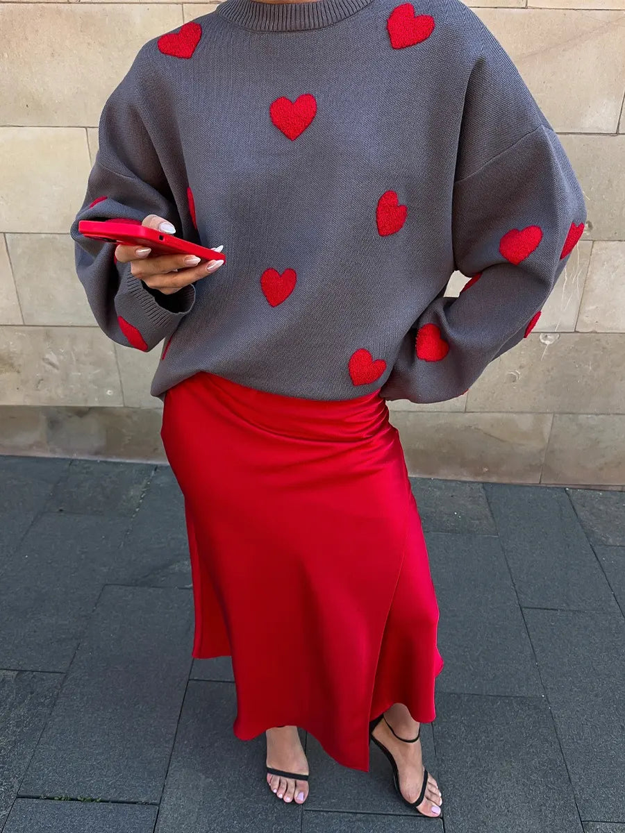 Retro Cozy Hearts Pattern Art Casual Stylish Long Sleeve Maxi Sweater