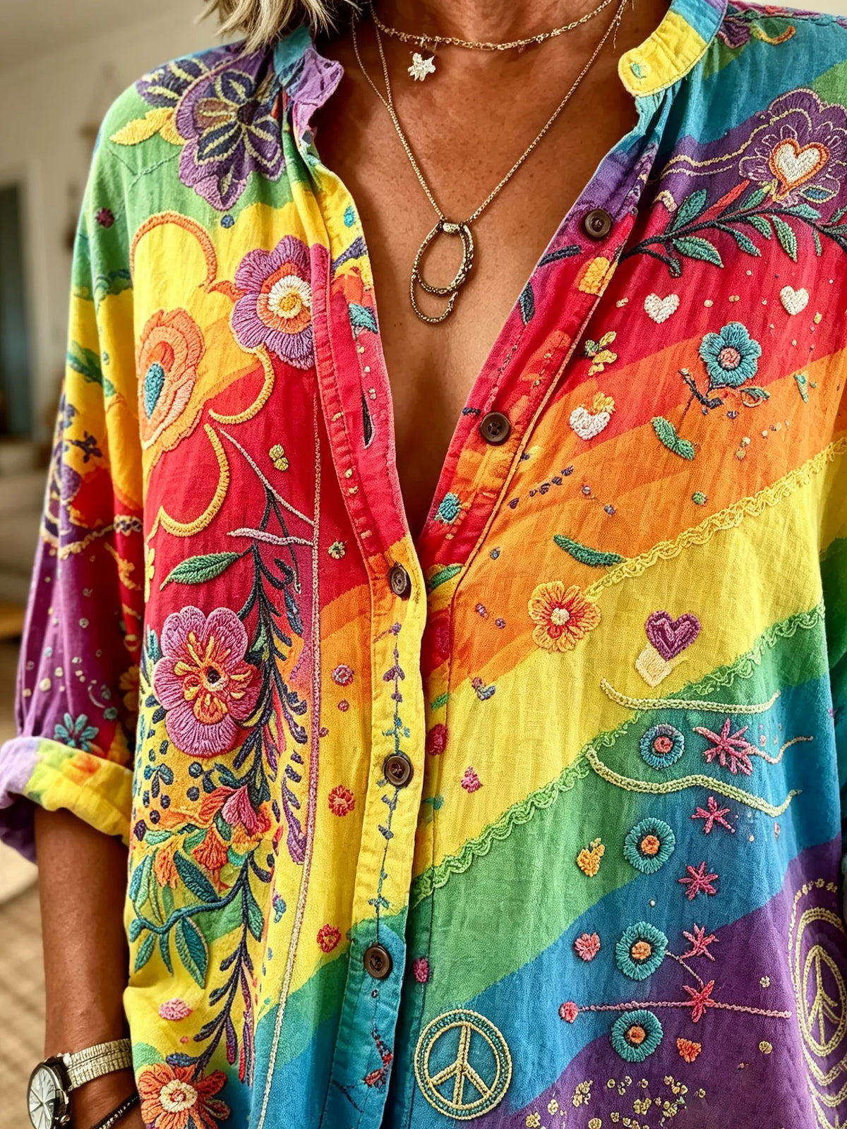 Women's Rainbow Gradient Floral Heart Peace Sign Print Collared 3/4 Sleeve Vacation Shirt