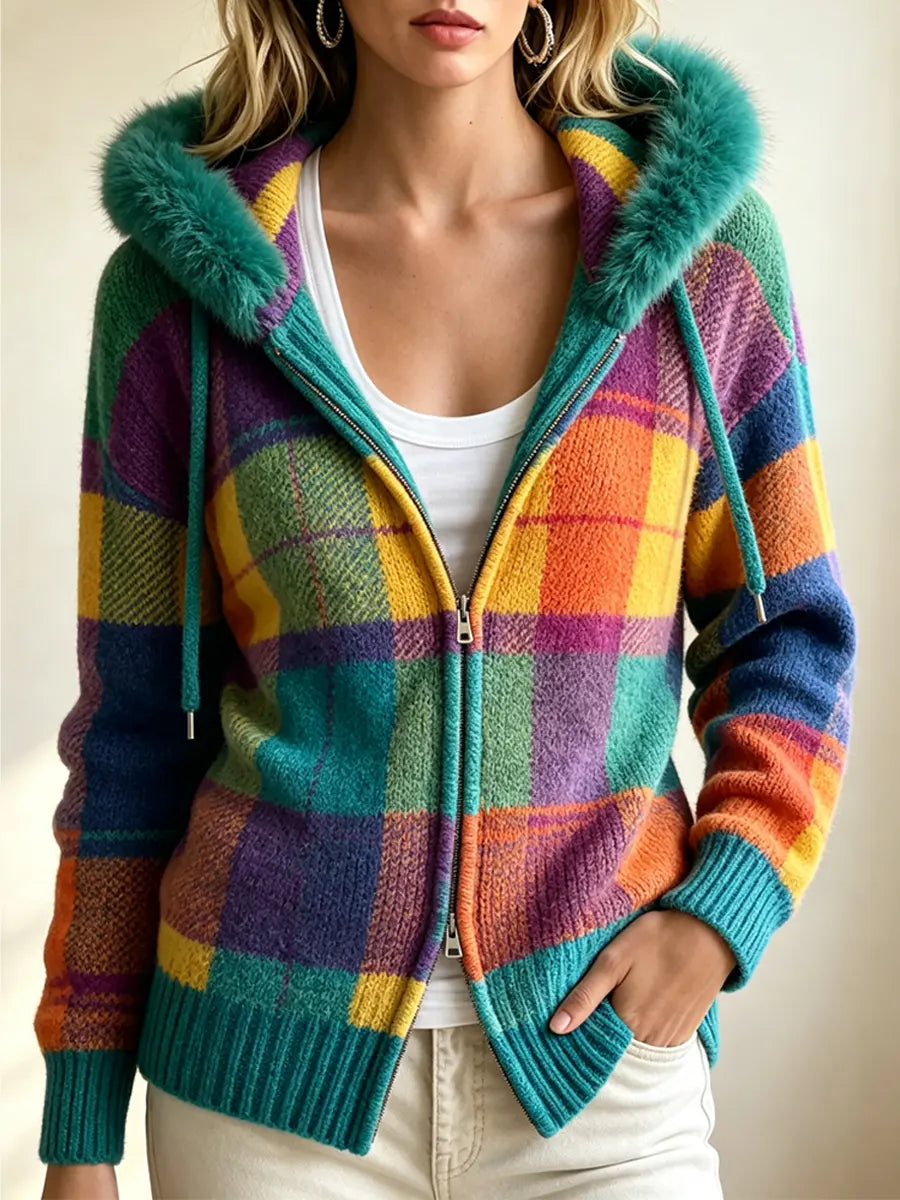 Retro Plaid Pattern Hooded Art Casual Stylish Long Sleeve Knit Sweater