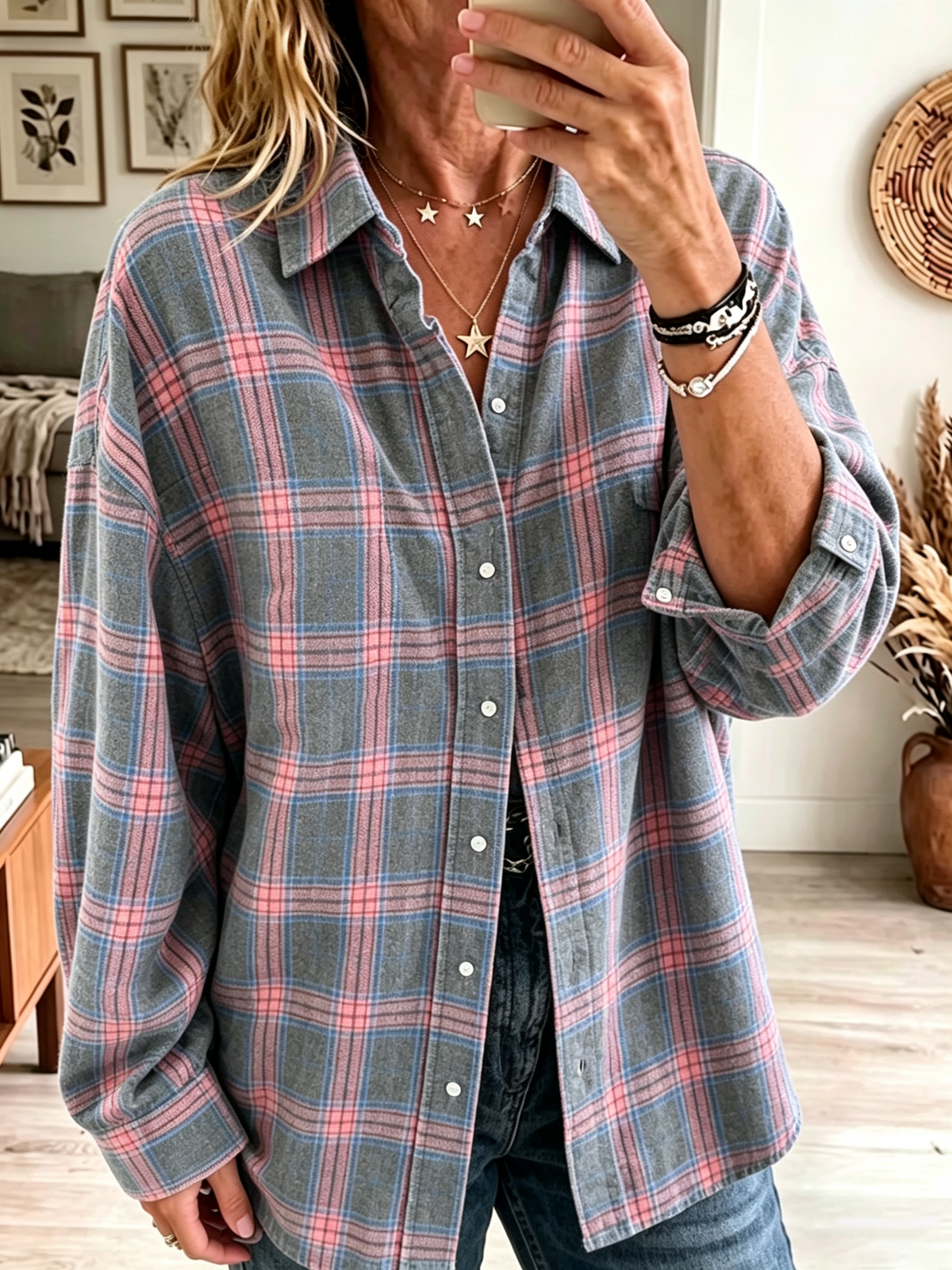 Women's Oversized Plaid Flannel Button-Down Shirt