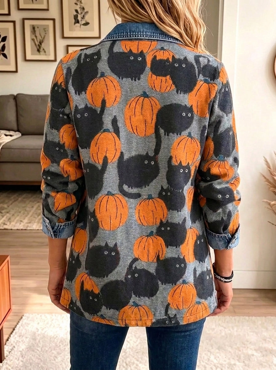 Women Lapel Button Halloween Pumpkin Black Cat Denim Spliced Blazer Jacket Outerwear