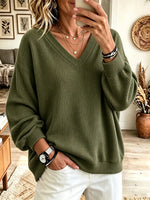 Women's Oversized V-Neck Ribbed Pullover Sweater