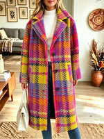 Women Vibrant Colorful Plaid Notched Lapel Button‑Front Midi Wool Blend Coat