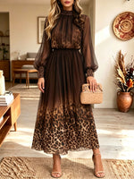 Women Long Sleeve High Neck Elastic Waist Leopard Print Gradient Chiffon Midi Dress