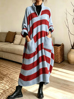 Retro Stripe Pattern Art Casual Stylish Long Sleeve Knit Sweater Maxi Dress