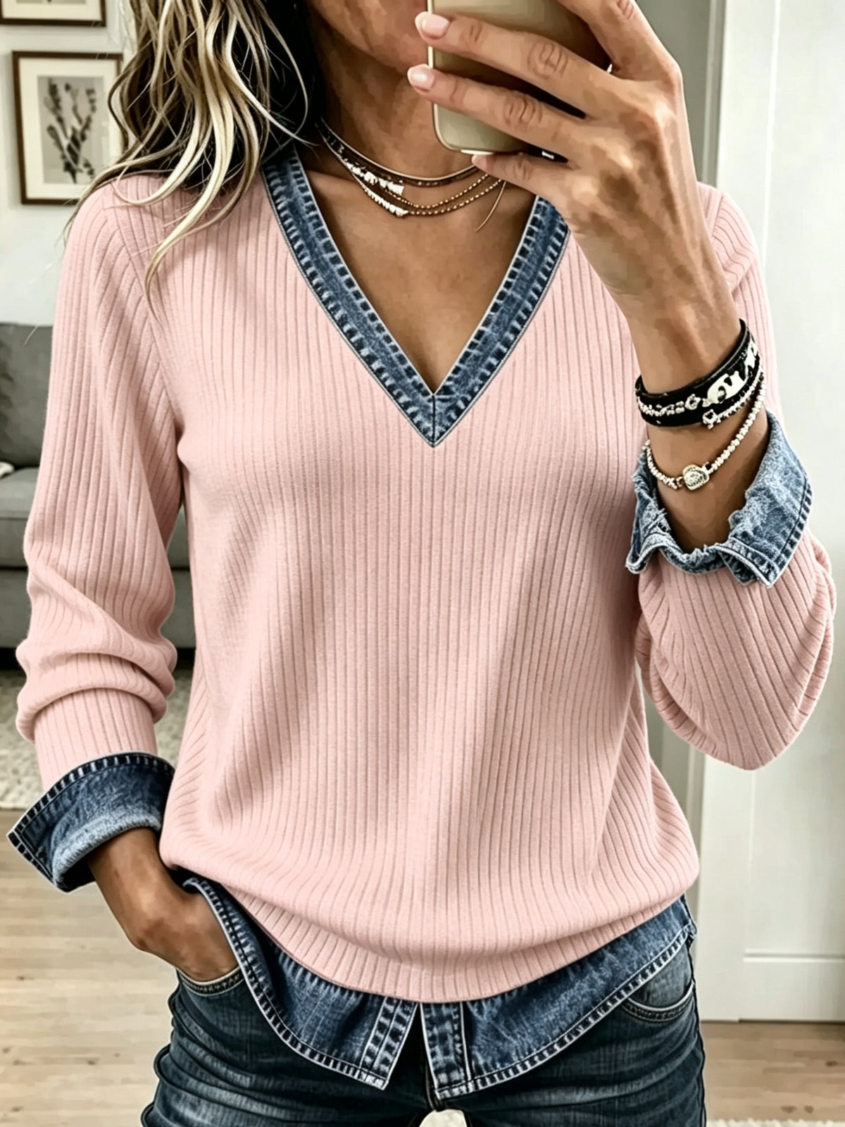 Women's Denim Trim V-Neck Ribbed Knit Sweater