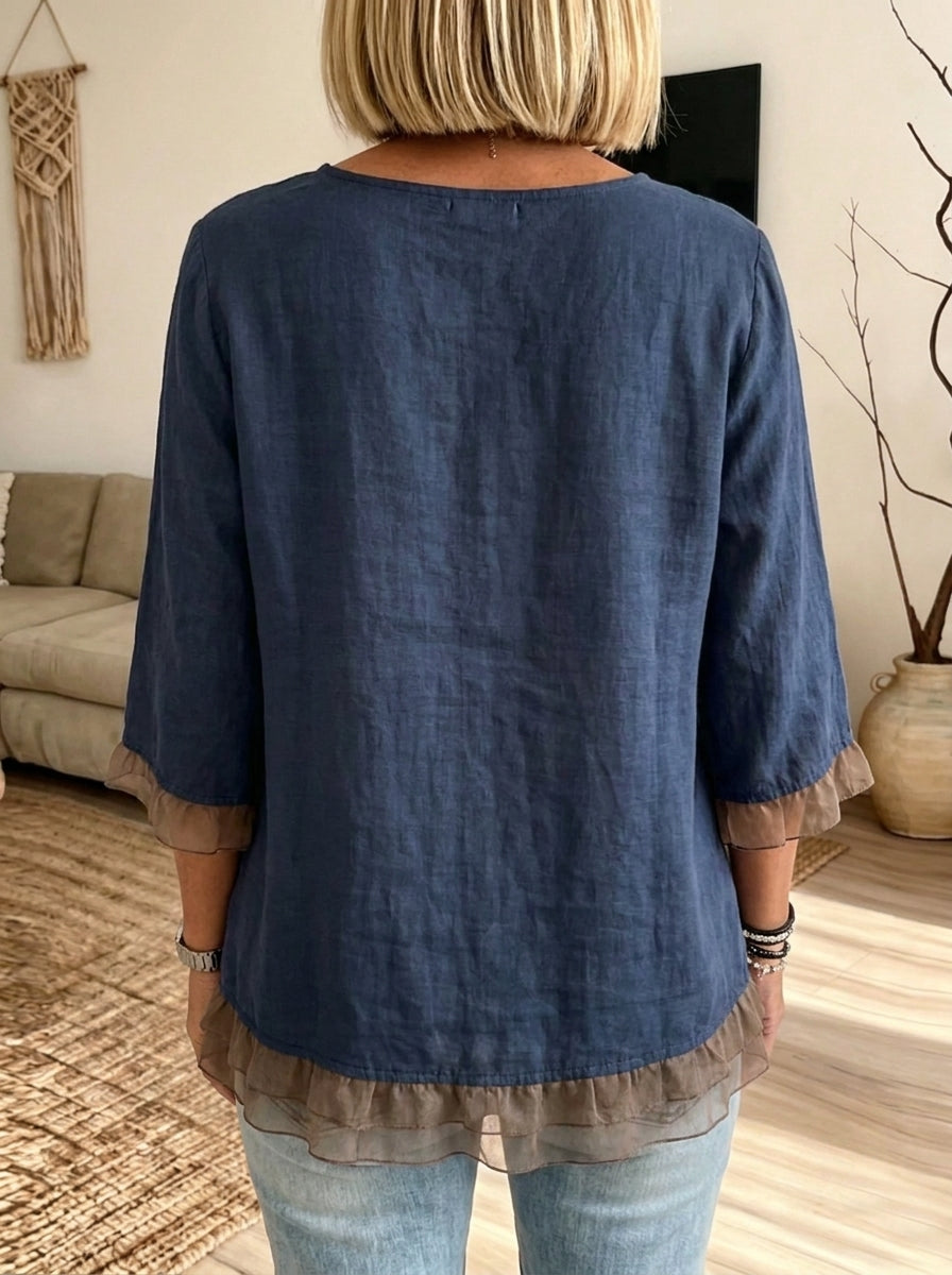 Round Neck Mesh Ruffle Trim Button Down 3/4 Sleeve Linen Blouse
