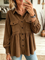 Women's Peplum Ruffle Corduroy Button-Down Shirt