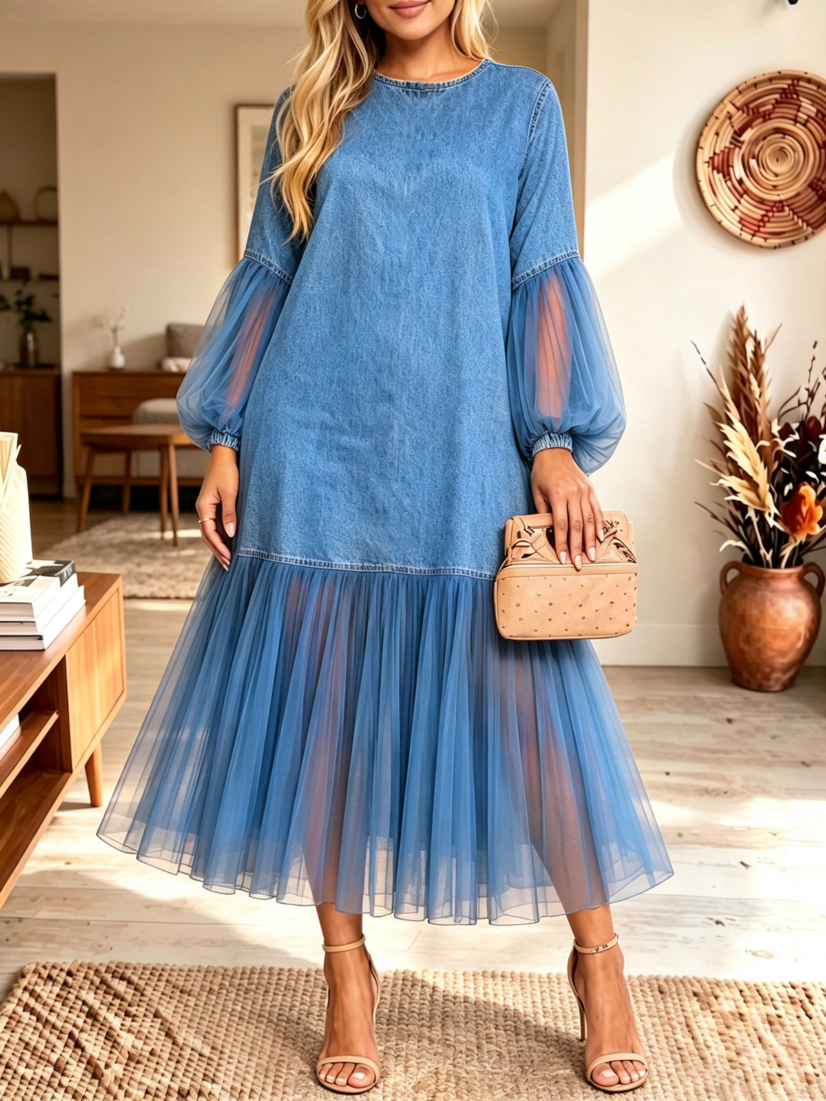 Women Mesh Puff Sleeve Loose Swing Denim Patchwork Tulle Midi Dress