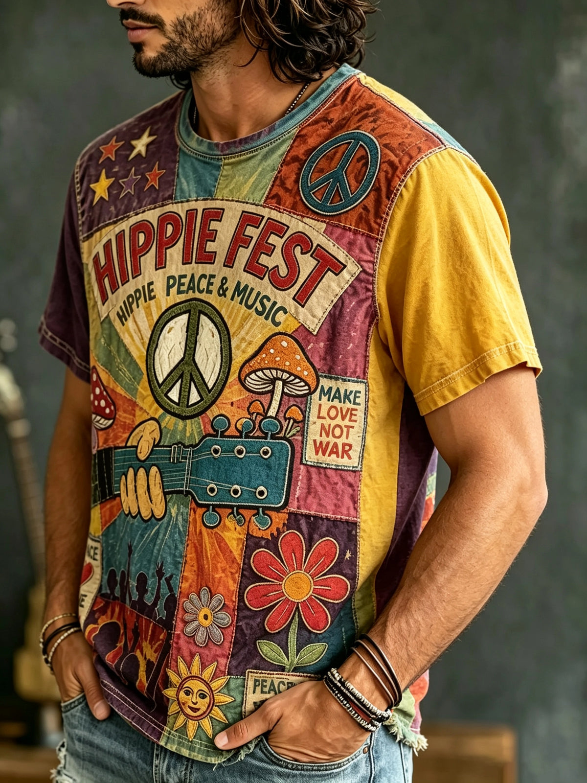 Men's Vintage Peace & Music Print T-Shirt