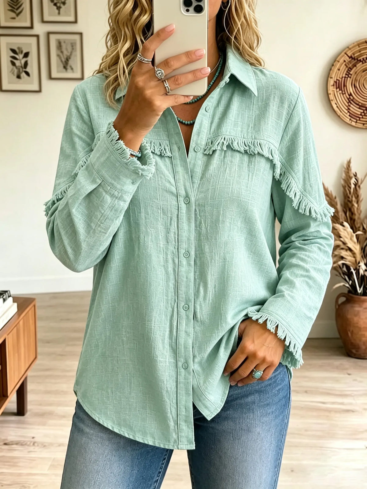 Women's Fringe Trim Button-Down Shirt
