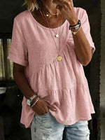 Women's Round Neck Cotton Linen Solid Color Loose Short-sleeved Shirt