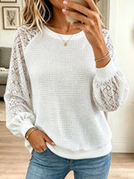 Vintage Elegant Waffle Patchwork Openwork Flower Lace Shirt