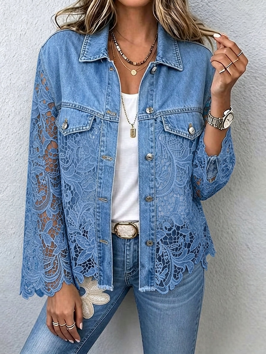 Women's Floral Lace Panel Denim Jacket