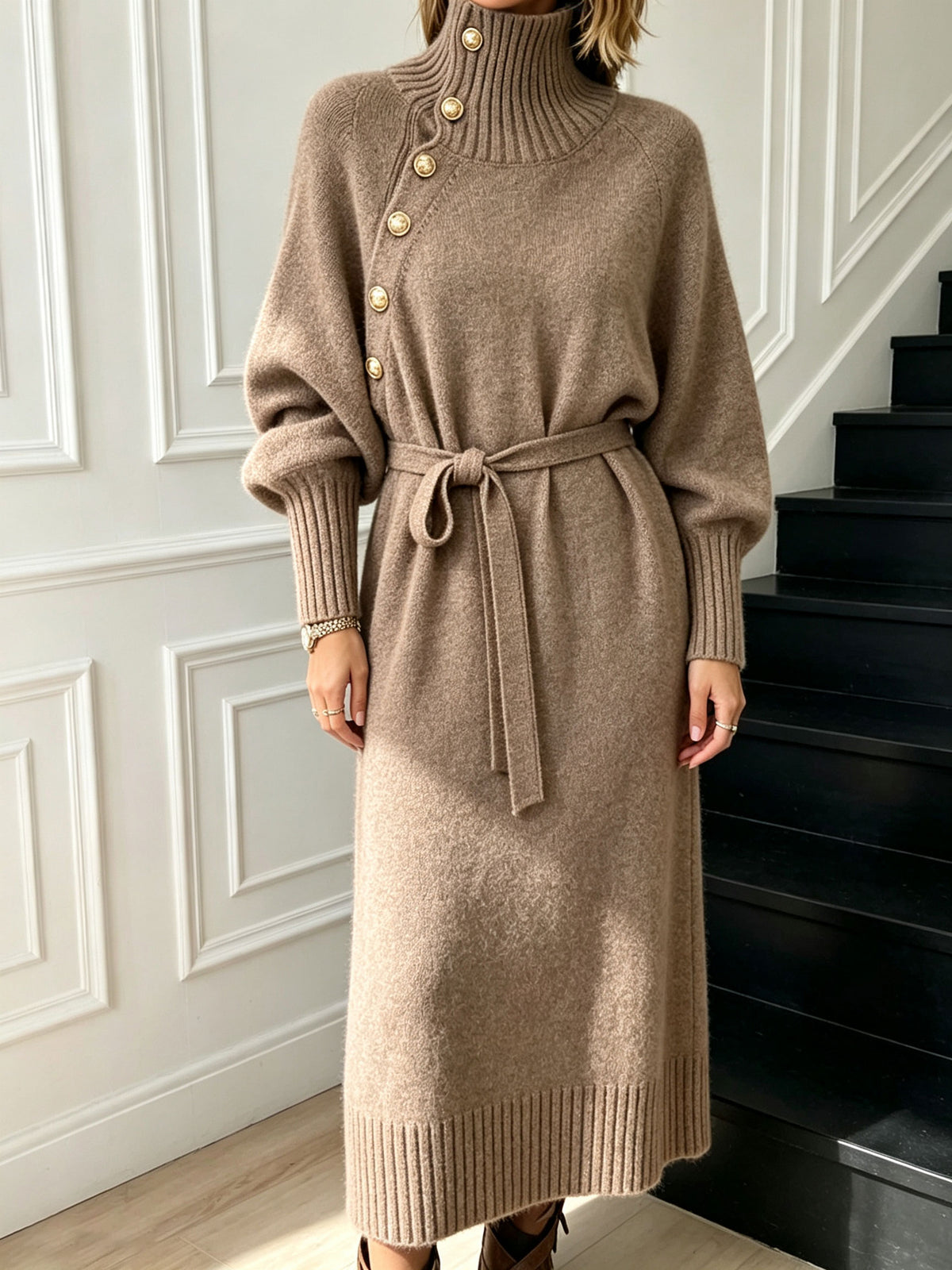 Turtleneck Belted Knit Midi Dress Gold Button Batwing Sleeve Sweater Dress