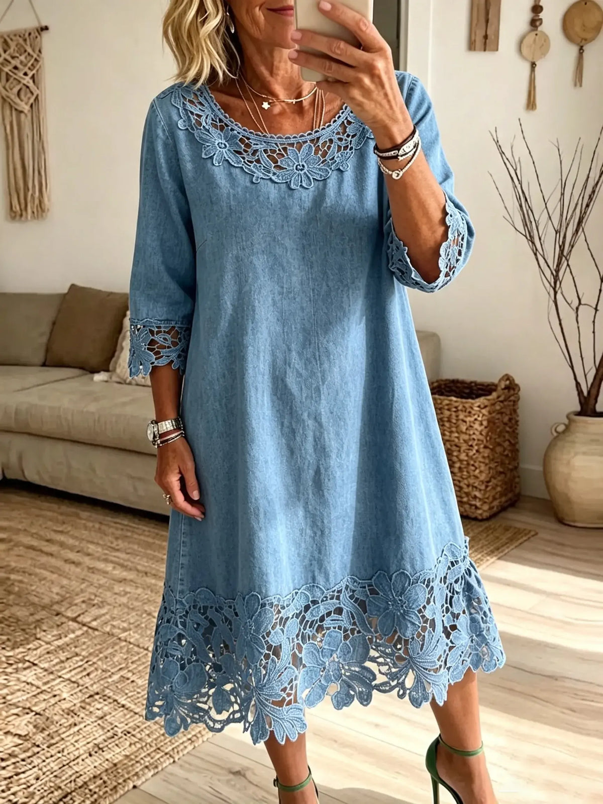 Vintage Elegant Openwork Lace Patchwork Denim Shirt