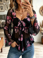 Vintage Elegant Floral Tie Square Neck Long Sleeve Shirt