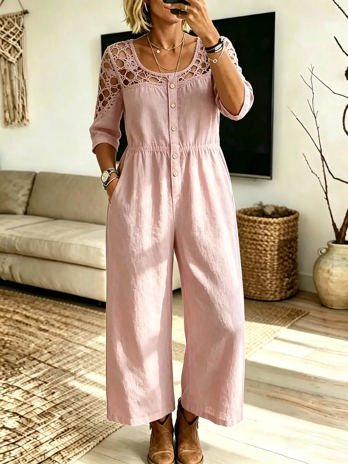 Women's Solid Hollow Spliced Wide Leg Jumpsuit