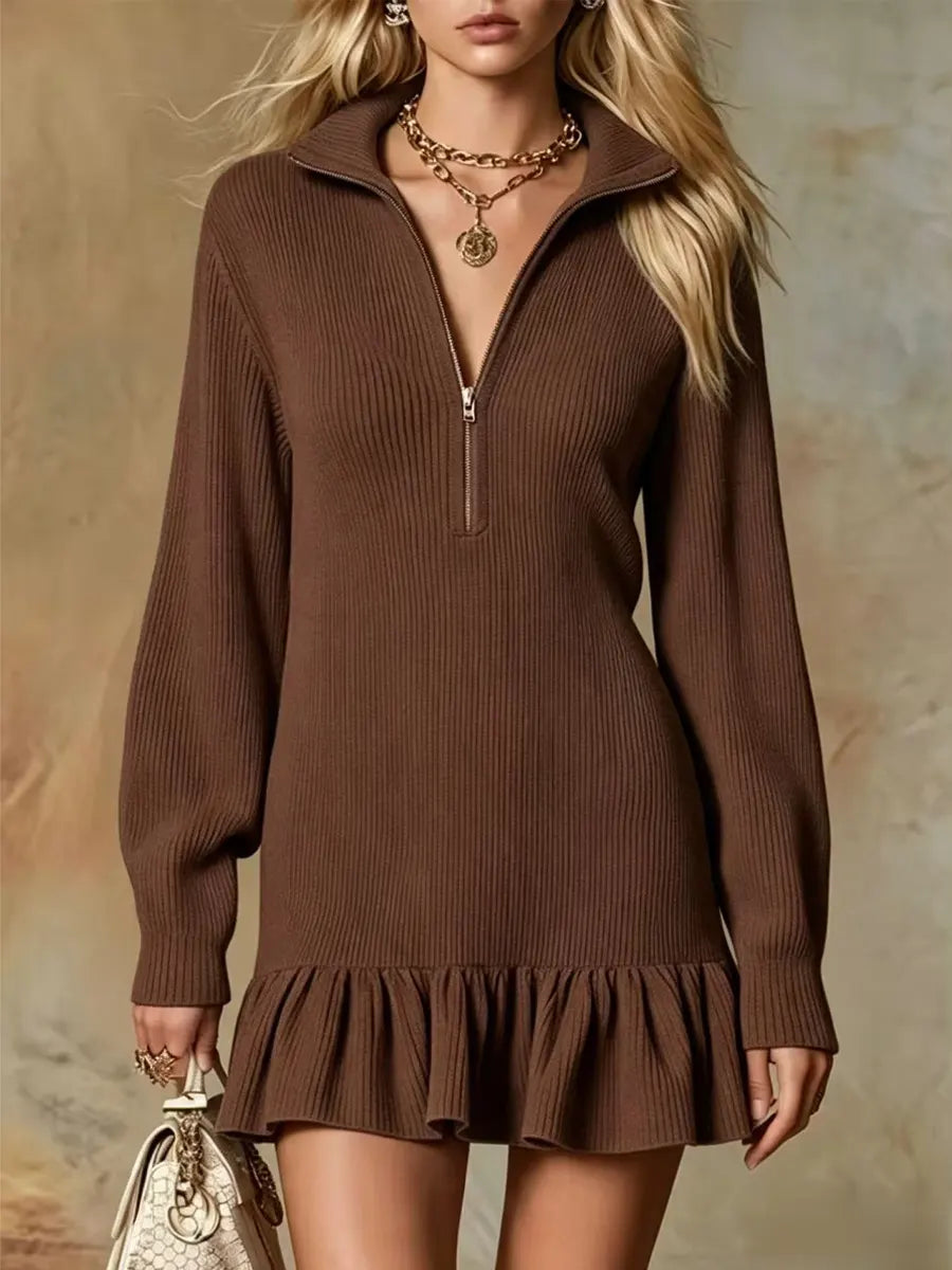Retro Ruffle Art Casual Zip Stylish Lapel Long Sleeve Short Dress