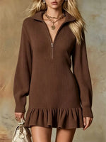 Retro Ruffle Art Casual Zip Stylish Lapel Long Sleeve Short Dress