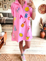 Cute Teacher Stationery Graphic Polo Collar Mini T‑Shirt Dress Women