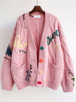 Embroidered Cable Knit Open Front Cardigan, Women Colorful Button Sweater Coat
