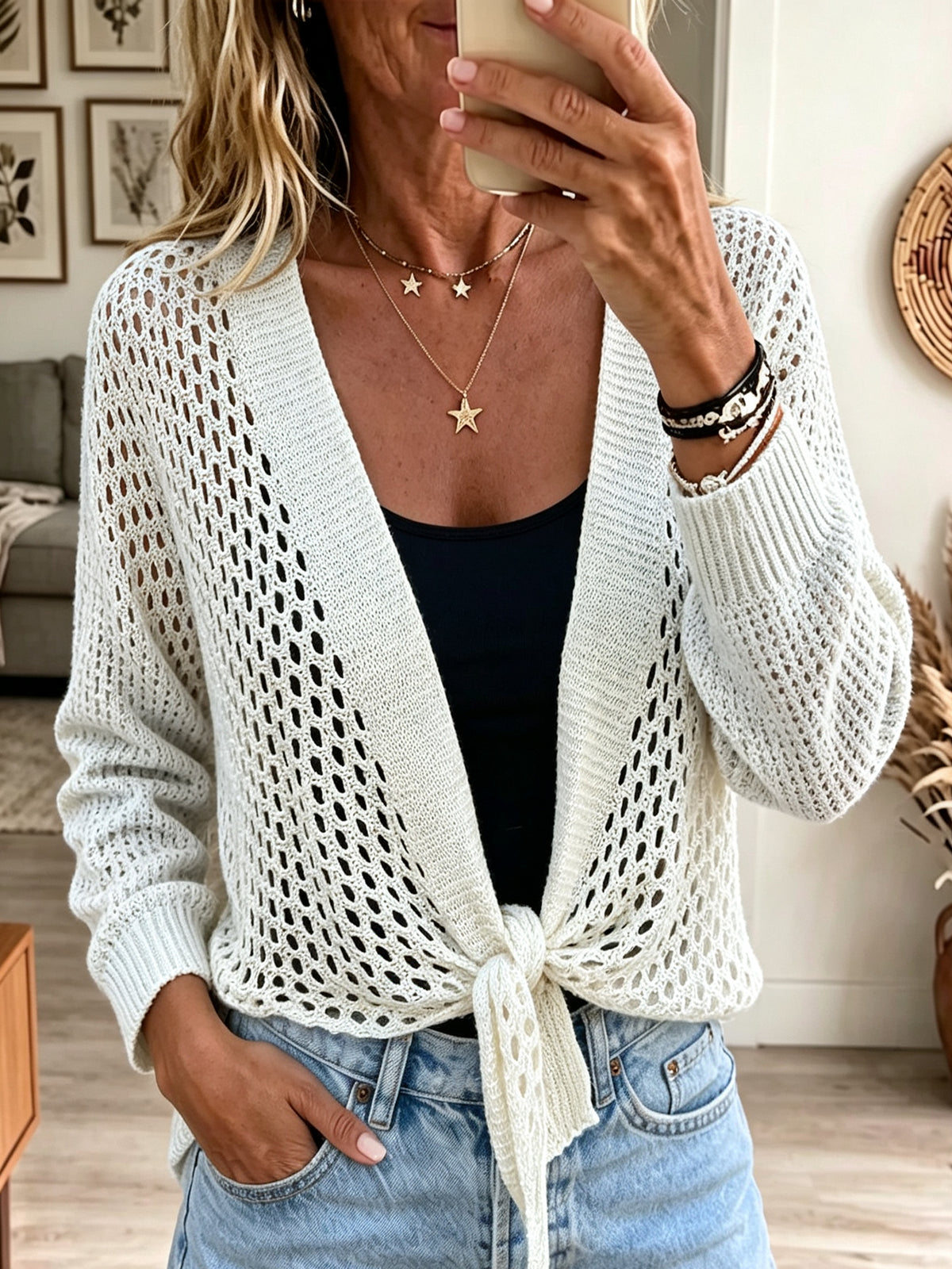 Women's Open-Knit Tie-Front Cardigan Shrug