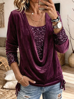 Velvet Cowl Neck 2‑in‑1 Blouse Sequin Long Sleeve Drawstring Party Top