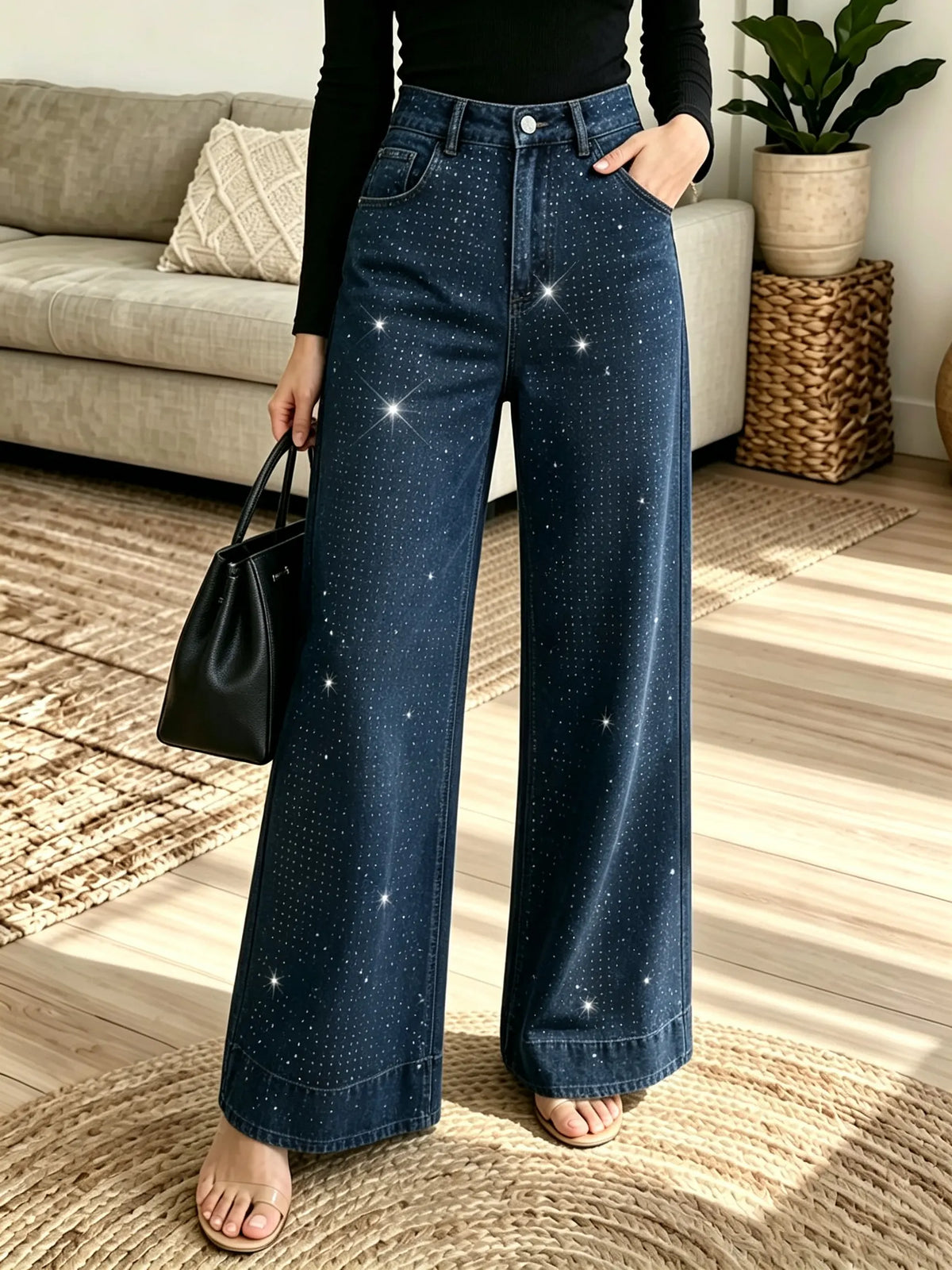Women's Rhinestone Embellished Wide-Leg Jeans