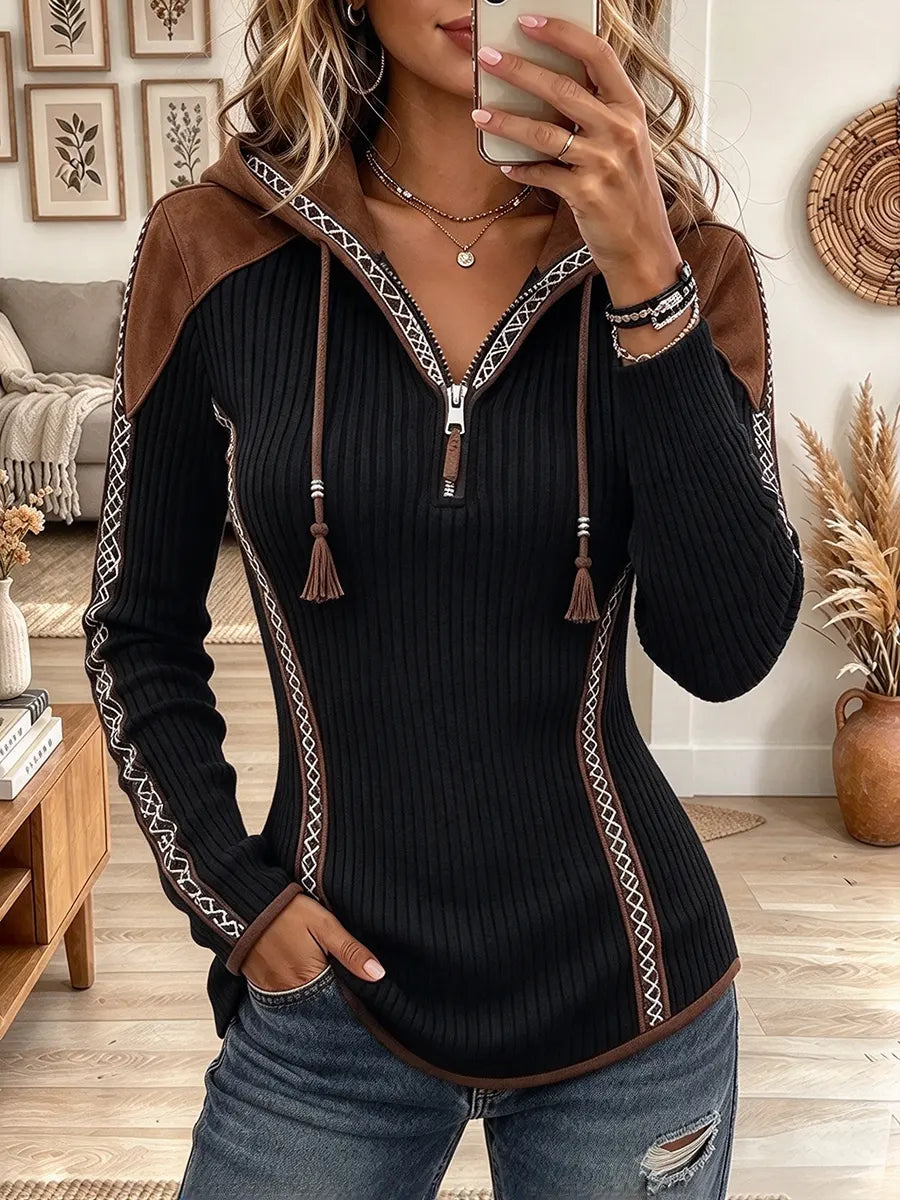Women's Boho Hooded Ribbed Knit Top