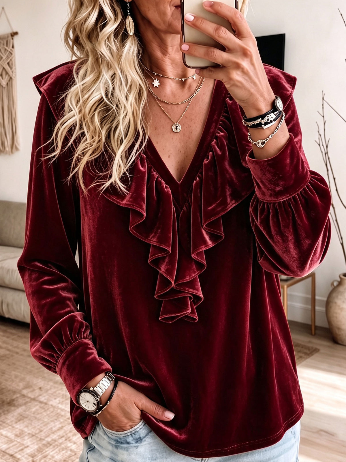 Mustard Velvet Ruffle V‑Neck Long Puff Sleeve Blouse