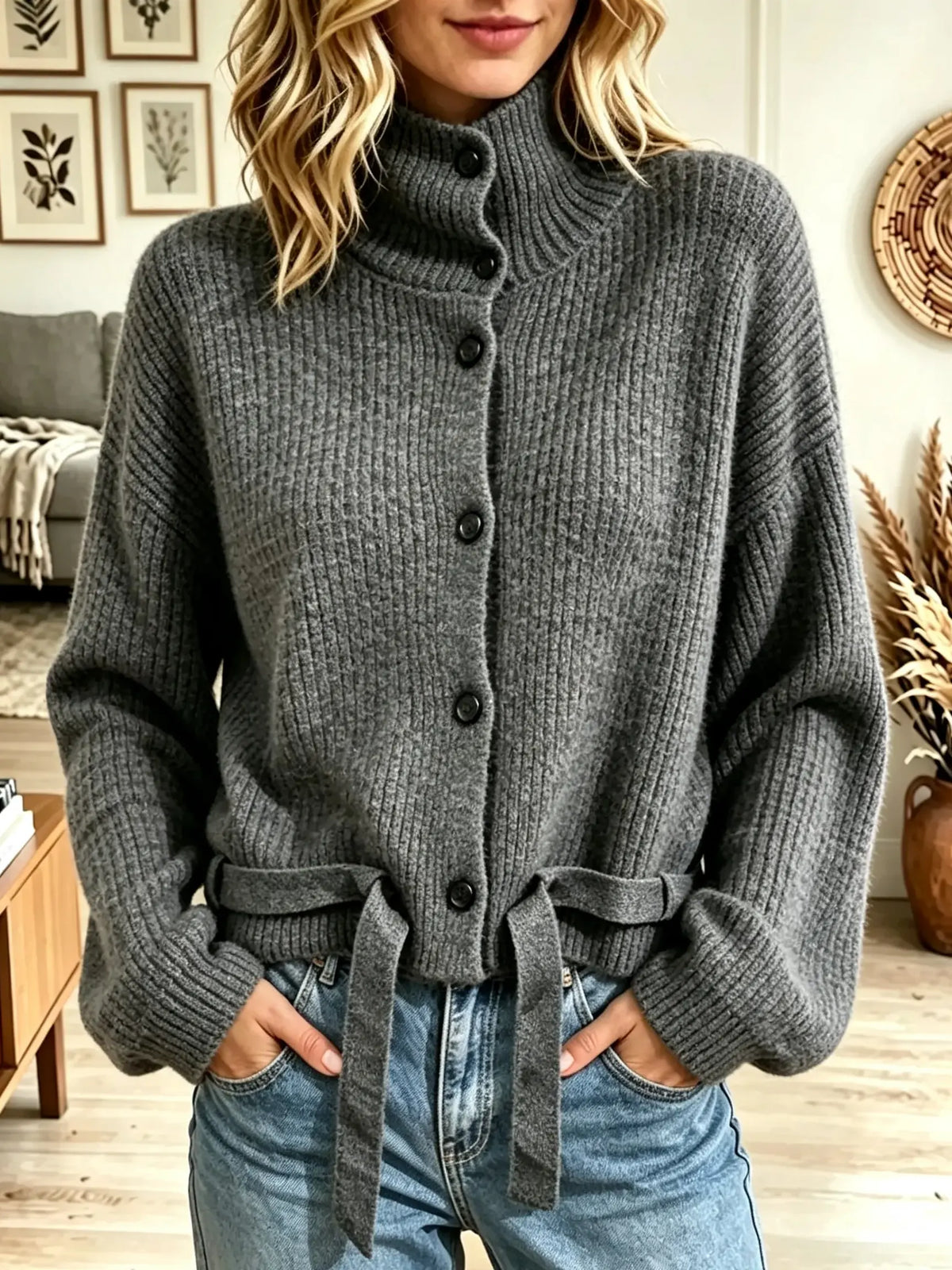 Women's High-Neck Tie-Belt Ribbed Knit Cardigan