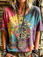 Women's Gradient Tie-Dye Musical Note Daisy Peace Floral Print Round Neck Short Sleeve T-Shirt