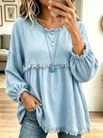Vintage Elegant Cotton And Linen Frayed Edge Patchwork Long Sleeve Shirt