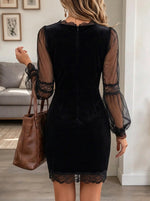 Women's Lace Trim Velvet Sheer Sleeve Mini Dress