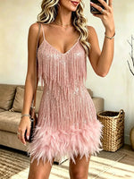 Women's Sexy V-neck Spaghetti Strap Dress With Feather Details