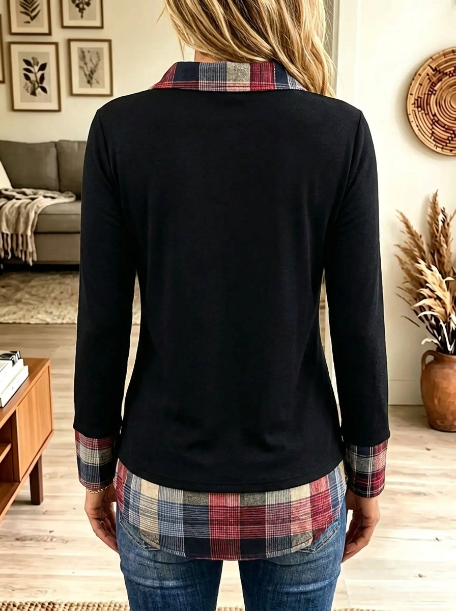 Women's Plaid Contrast V-Neck Layered Tunic Top