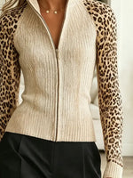 Retro Leopard Pattern Patchwork Zip Art Casual Stylish Long Sleeve Knit Sweater