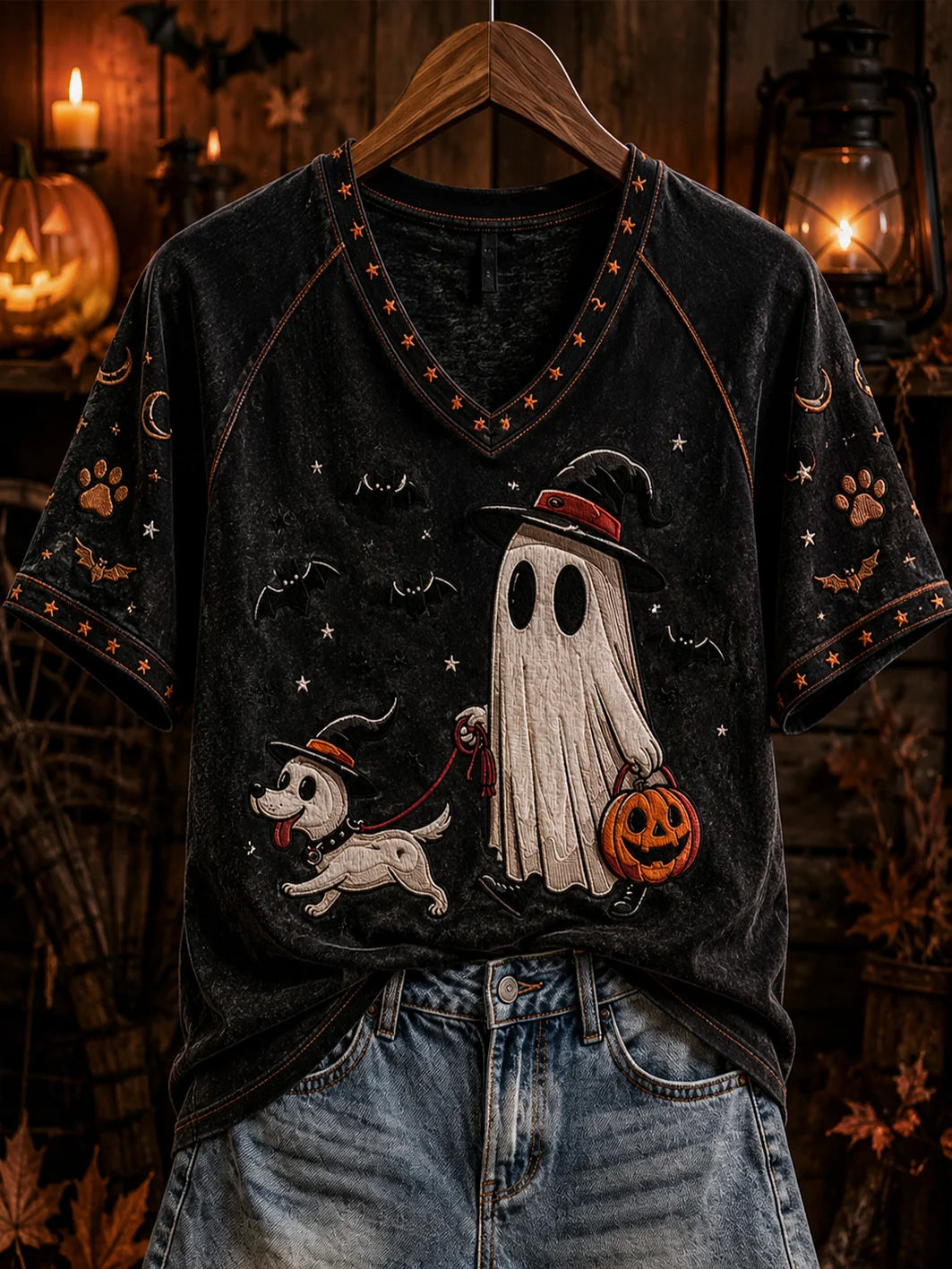 Women's Ghost Walking Dog Graphic Mineral Wash T-Shirt