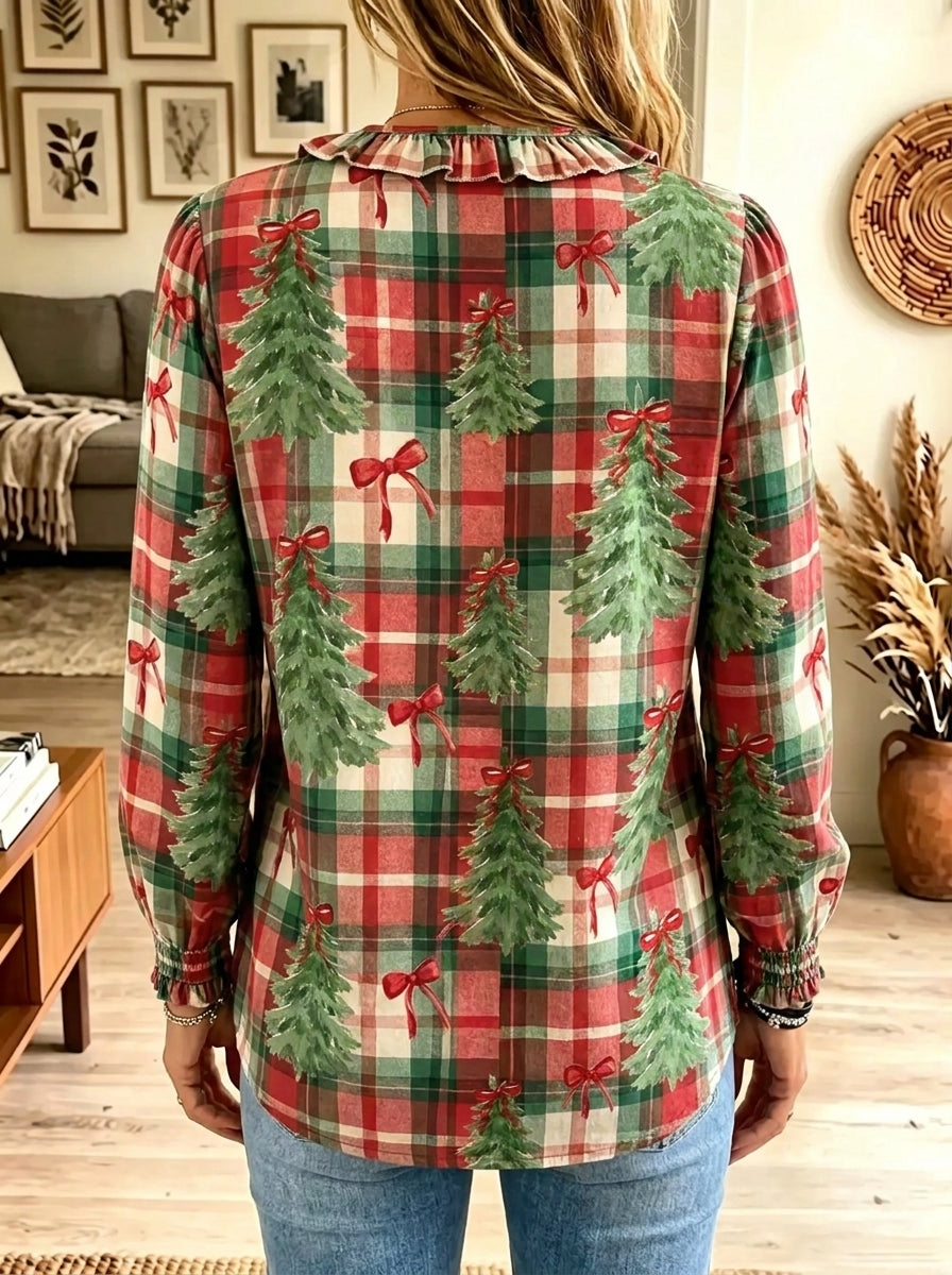 Women's Christmas Tree Plaid Ruffled Button-Down Shirt