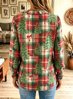 Women's Christmas Tree Plaid Ruffled Button-Down Shirt