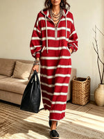 Women's Striped Half-Zip Hooded Sweatshirt Maxi Dress