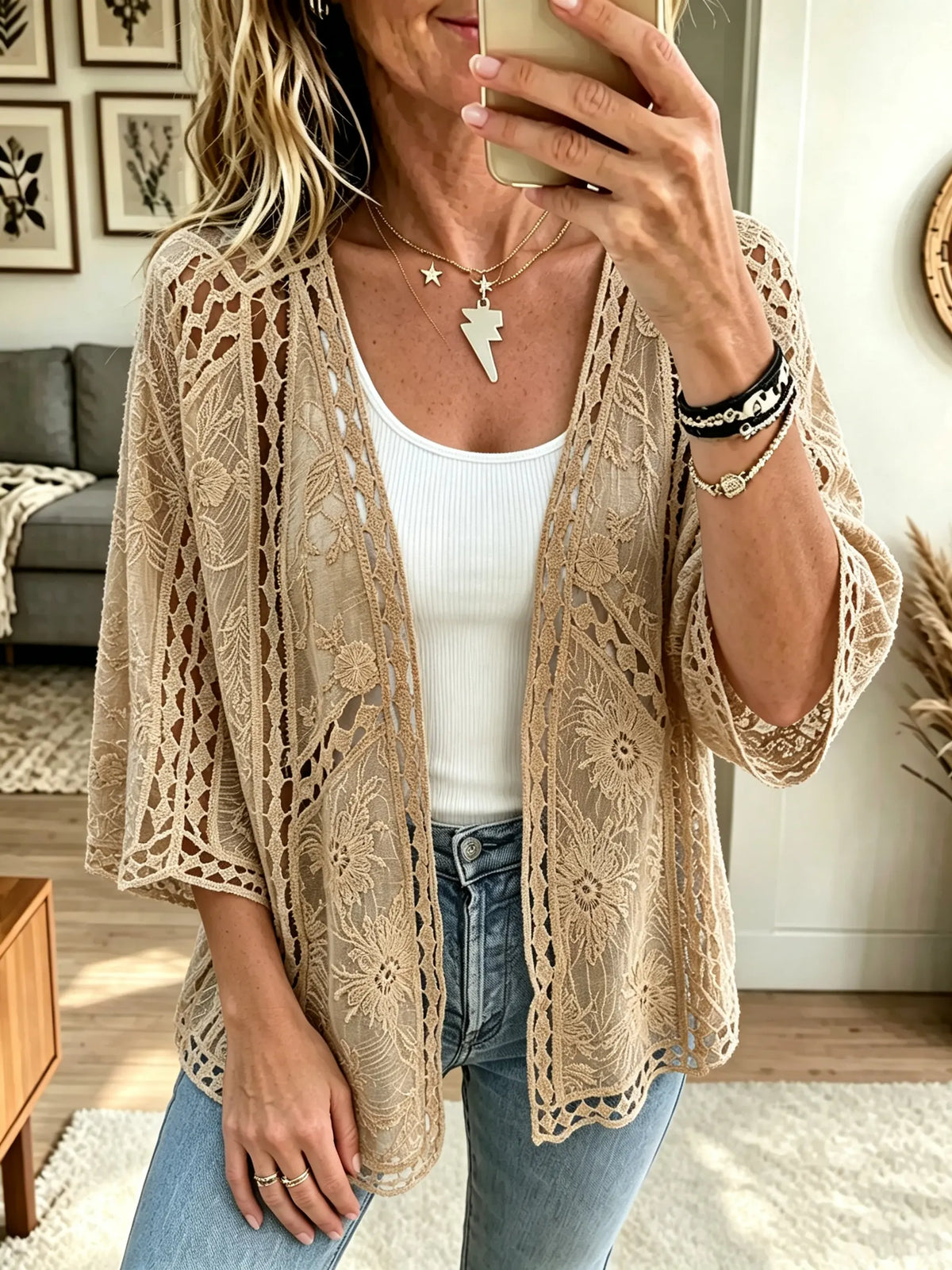 Women's Sheer Floral Lace Open-Front Kimono Cardigan
