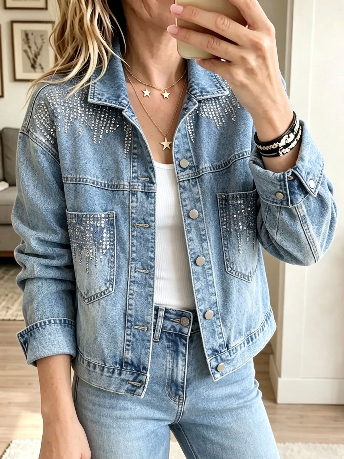 Women Rhinestone Embellished Stand Collar Denim Jacket Long Sleeve Button‑Up Casual Coat