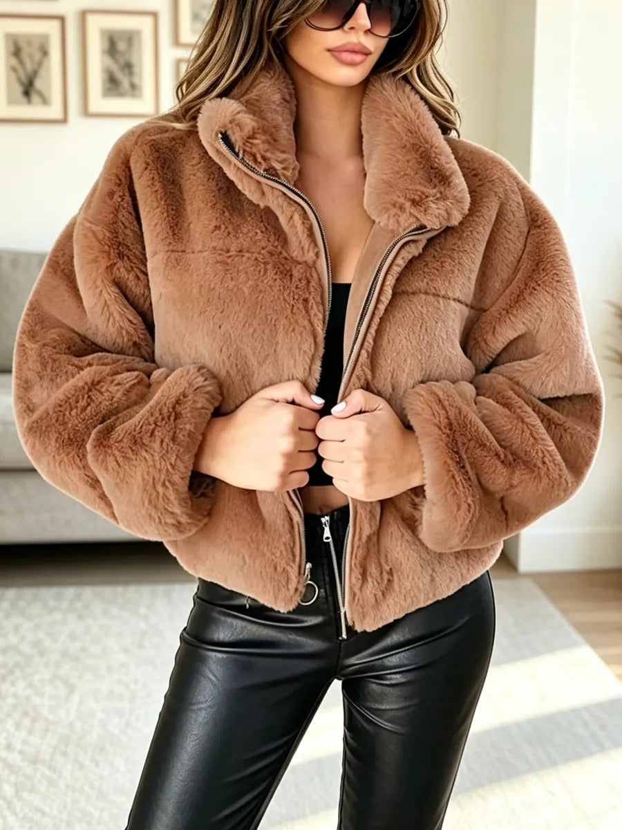 Retro Warm Fur Art Casual Stylish Lapel Zip Long Sleeve Coat